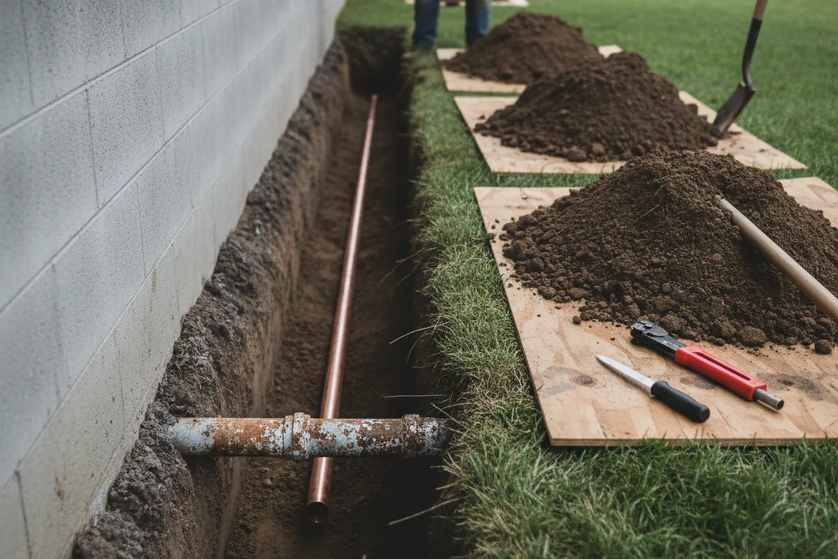 Excavated water line trench during Water Softener Installation in Mineral Ridge